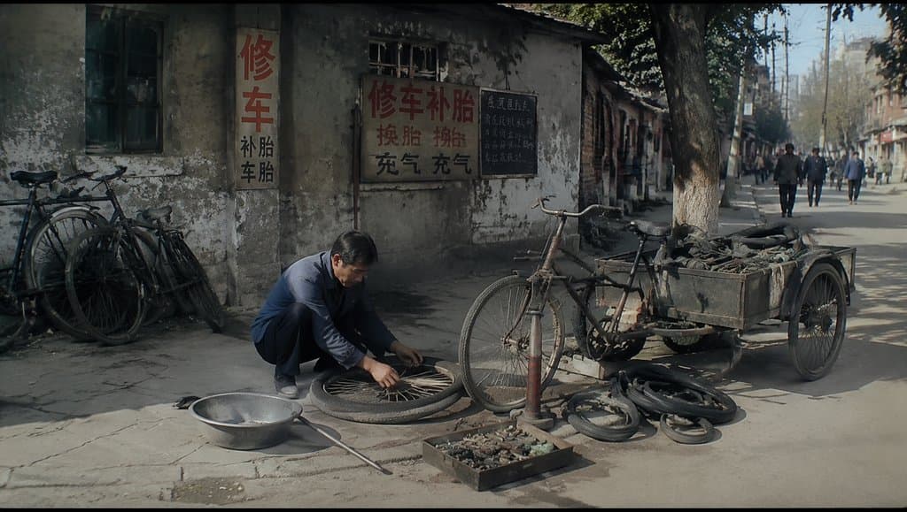 街头修车摊，男子补胎，老式自行车与工具，怀旧写实风格