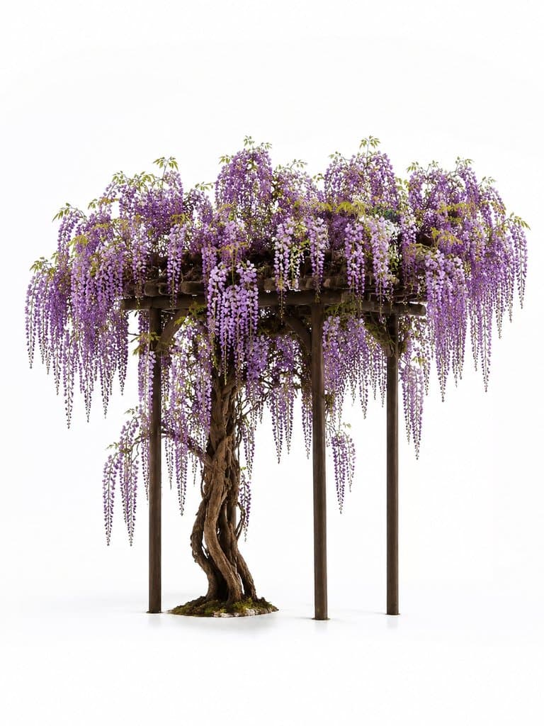 紫藤花盛开的藤架，紫色花串垂落，古风写实风格