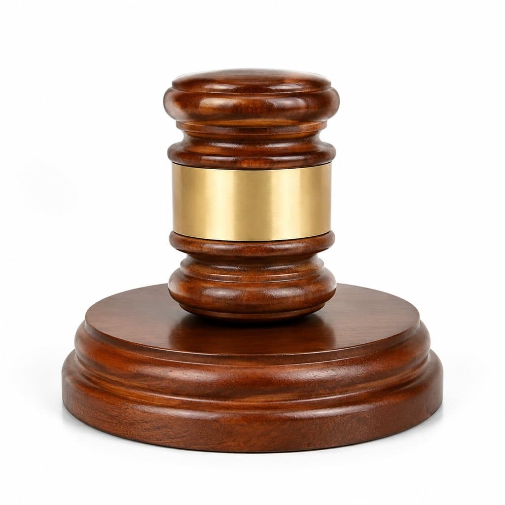 木质法槌配金色环带，置于圆形底座，现代写实风格