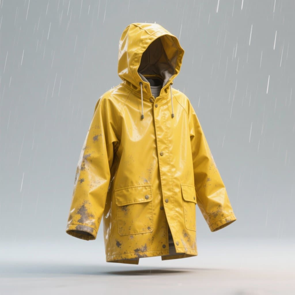 黄色雨衣，带帽子，表面有水珠，雨中场景，AI生成