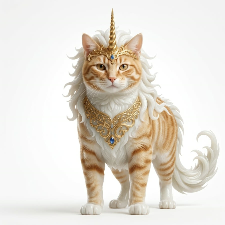 橘猫化作白泽：金色独角、镶宝石的额冠、雪白长鬃与卷尾，橘色虎斑原样保留