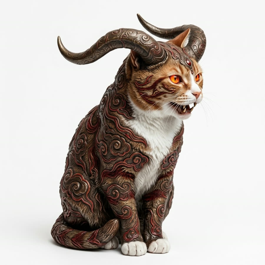 同一只橘猫化作饕餮：向后弯的巨角、卷云纹与朱红勾线覆盖身体，橘色面部与白爪仍可辨认